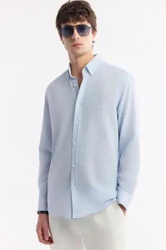 Men Light Blue Button-Down Collar Easy Iron Sh - 6