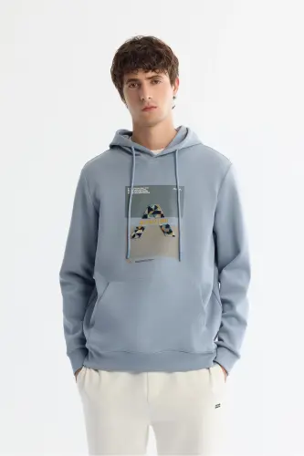 Men Light Blue Hooded Cotton Printed Elastane 