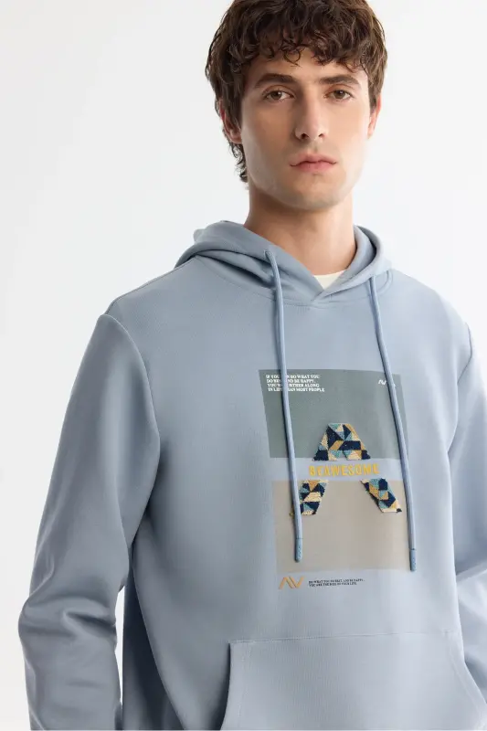 Men Light Blue Hooded Cotton Printed Elastane - 2