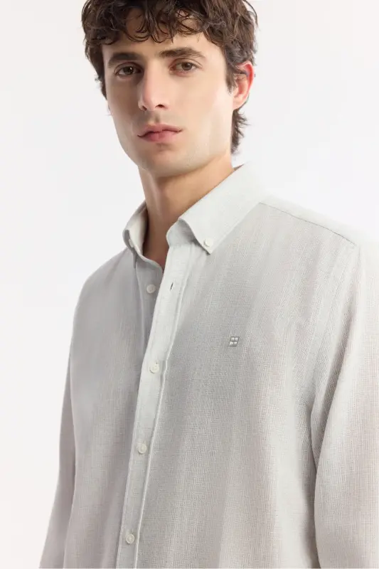 Men Light Gray Button-Down Collar Easy Iron Cotton - 2