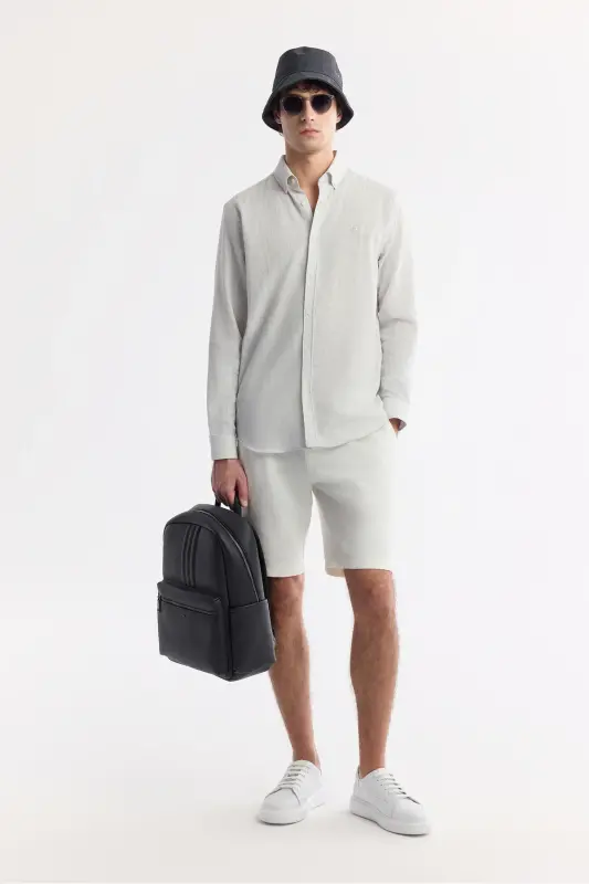 Men Light Gray Button-Down Collar Easy Iron Cotton - 7
