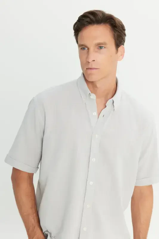 Men Light Gray Linen Look 100% Cotton Textured Button-Down Collar Shirt Comfort Fit - 1