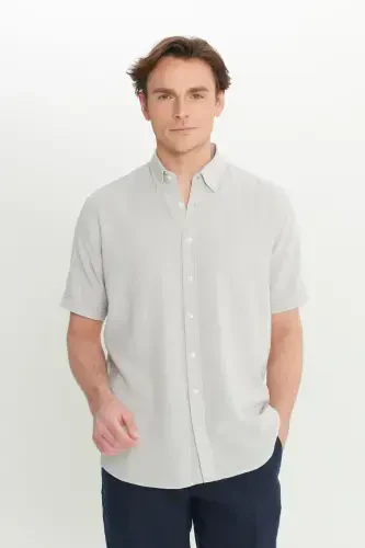 Men Light Gray Linen Look 100% Cotton Textured Button-Down Collar Shirt Comfort Fit - 2