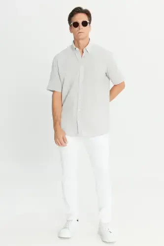 Men Light Gray Linen Look 100% Cotton Textured Button-Down Collar Shirt Comfort Fit - 6