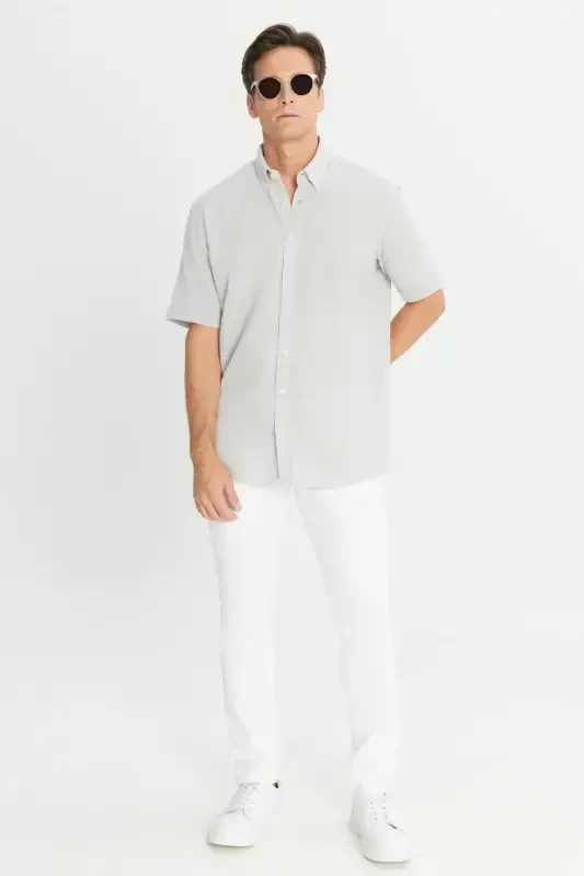 Men Light Gray Linen Look 100% Cotton Textured Button-Down Collar Shirt Comfort Fit - 6