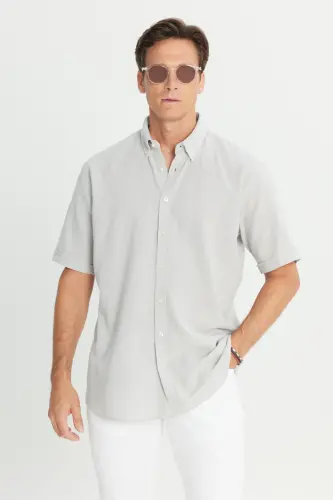 Men Light Gray Linen Look 100% Cotton Textured Button-Down Collar Shirt Comfort Fit 