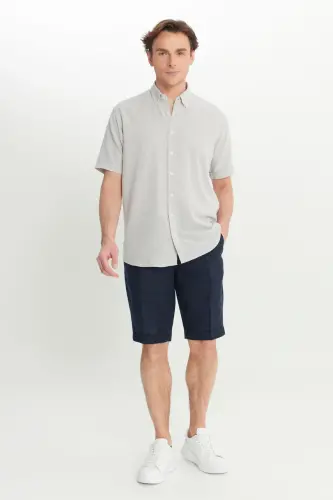 Men Light Gray Linen Look 100% Cotton Textured Button-Down Collar Shirt Comfort Fit - MODAZONE (1)