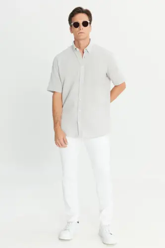 Men Light Gray Linen Look 100% Cotton Textured Button-Down Collar Shirt Comfort Fit - 3