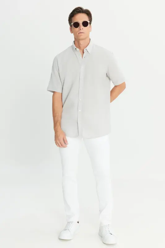 Men Light Gray Linen Look 100% Cotton Textured Button-Down Collar Shirt Comfort Fit - 3