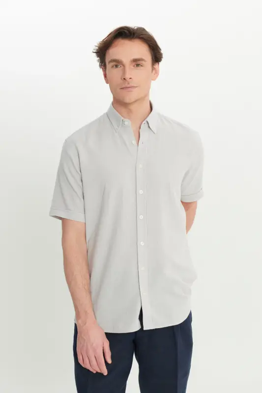 Men Light Gray Linen Look 100% Cotton Textured Button-Down Collar Shirt Comfort Fit - 4