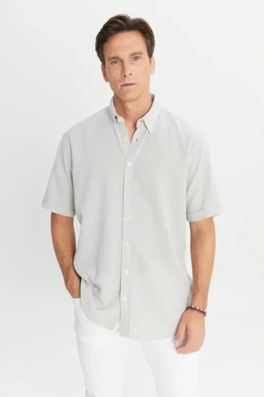 Men Light Gray Linen Look 100% Cotton Textured Button-Down Collar Shirt Comfort Fit - 6