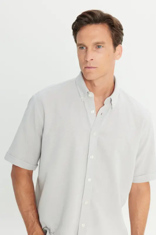 Men Light Gray Linen Look 100% Cotton Textured Button-Down Collar Shirt Comfort Fit - 7