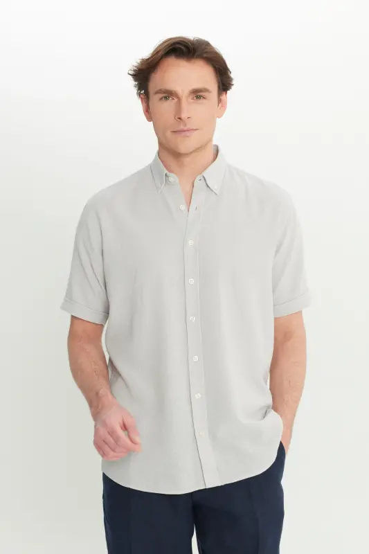 Men Light Gray Linen Look 100% Cotton Textured Button-Down Collar Shirt Comfort Fit - 8