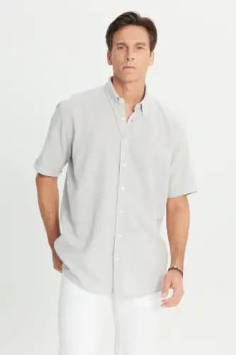 Men Light Gray Linen Look 100% Cotton Textured Button-Down Collar Shirt Comfort Fit - 5