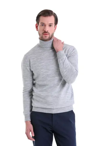 Men Light Gray Regular Fit Turtleneck Knit Sweater 