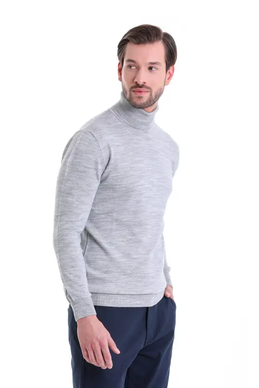 Men Light Gray Regular Fit Turtleneck Knit Sweater - 2