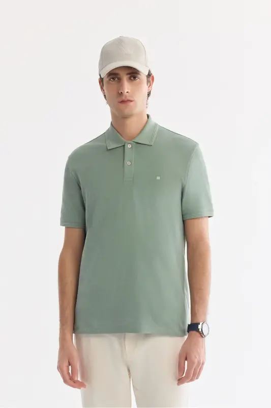 Men Mint Green Regular Fit 100% Cotton Quick Dry Wrinkle-Resistant Polo Neck T-Shirt B001032-Mint Green - 2