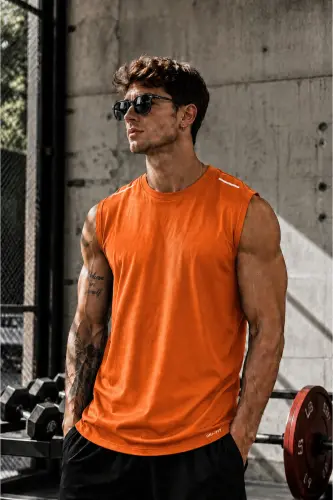 Men Moisture Wicking Quick Dry Athletic Tech Performance Athlete Sleeveless T-shirt-ORANGE 