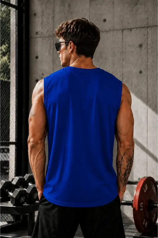Men Moisture Wicking Quick Dry Athletic Tech Performance Sports Sleeveless T-shirt-BLUE - 2