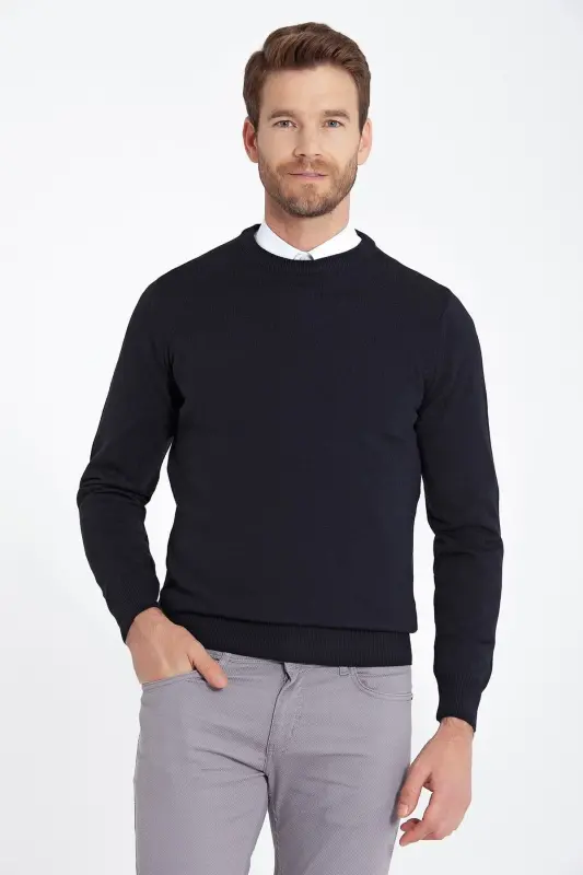Men Navy Blue Crew Neck Knitted Sweater - 3