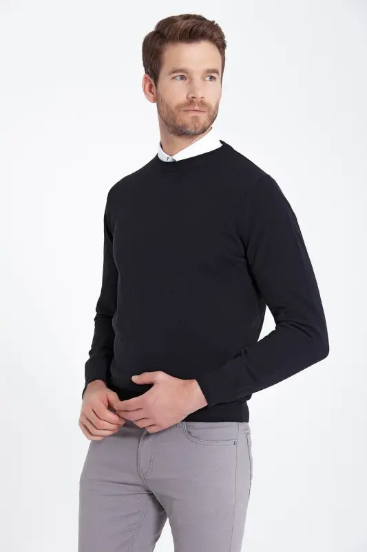 Men Navy Blue Crew Neck Knitted Sweater - 5
