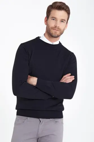 Men Navy Blue Crew Neck Knitted Sweater - 8