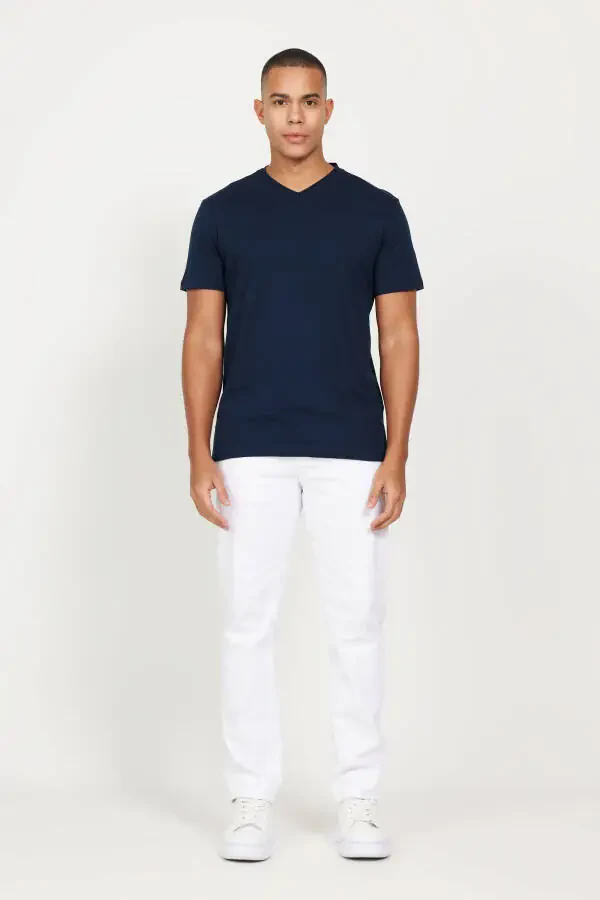 Men Navy-Navy 2-Pack Slim Fit Crew Neck Cotton Basic T-Shirt - 5