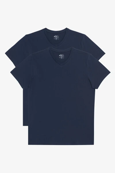Men Navy-navy 2-pack V-Neck 100% Cotton Slim Fit Slim Cut Basic T-Shirt - AC&CO / ALTINYILDIZ CLASSICS
