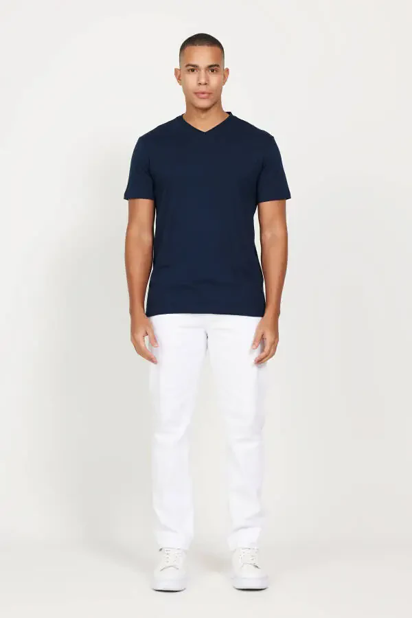 Men Navy-navy 2-pack V-Neck 100% Cotton Slim Fit Slim Cut Basic T-Shirt - 3