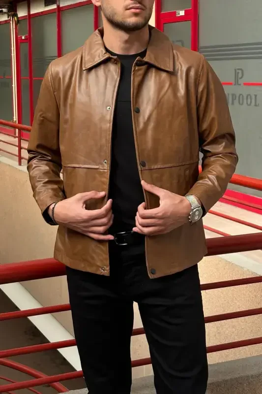 Men, New Season, Slim fit, snap closure, Faux Leather, Jacket-Coat USEDD04-TOBACCO - INPOOL