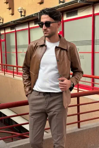 Men, New Season, Slim fit, snap closure, Faux Leather, Jacket-Coat USEDD04-TOBACCO - INPOOL (1)