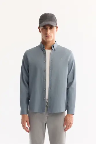 Men Petrol Blue Button-Down Collar Diagonal Cotton Shirt - 1