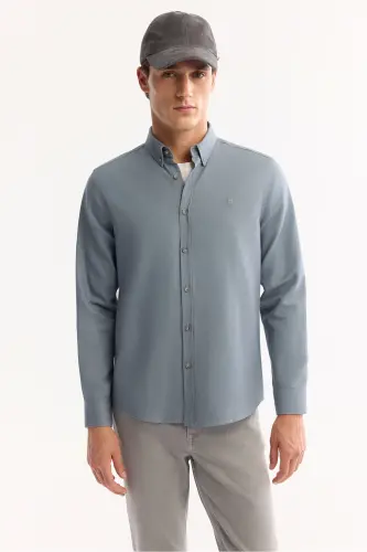 Men Petrol Blue Button-Down Collar Diagonal Cotton Shirt - 5
