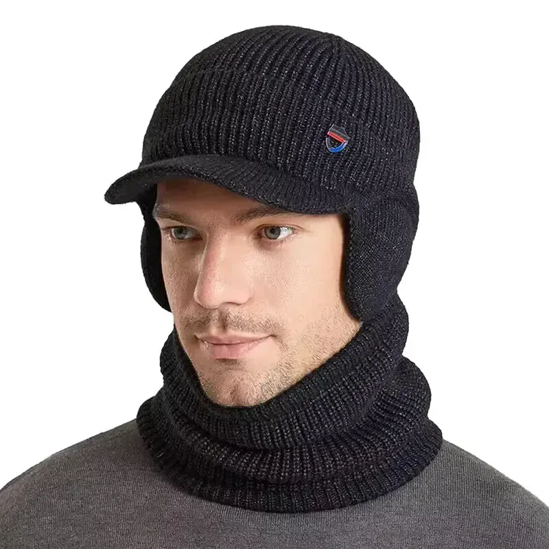 Men Plush Balaclava Hat with Scarf Winter Warm Baseball Beanie Caps Fleece Lined Knitted Skull Ski Masck Hat - 2