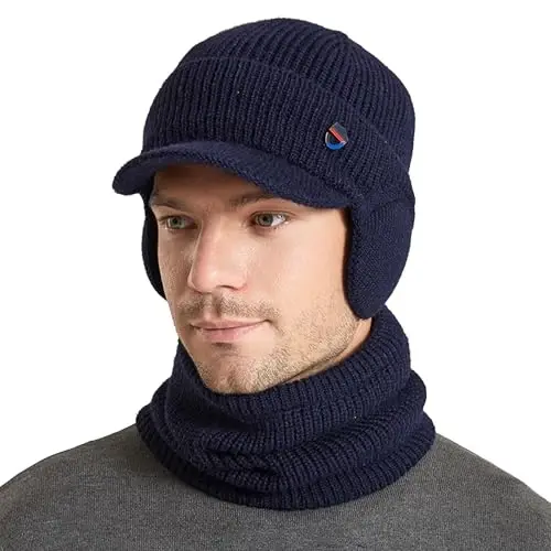 Men Plush Balaclava Hat with Scarf Winter Warm Baseball Beanie Caps Fleece Lined Knitted Skull Ski Masck Hat 