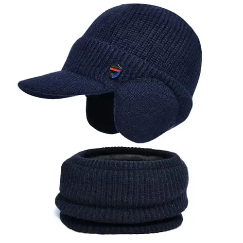 Men Plush Balaclava Hat with Scarf Winter Warm Baseball Beanie Caps Fleece Lined Knitted Skull Ski Masck Hat - 2