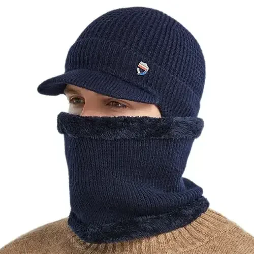 Men Plush Balaclava Hat with Scarf Winter Warm Baseball Beanie Caps Fleece Lined Knitted Skull Ski Masck Hat - 3
