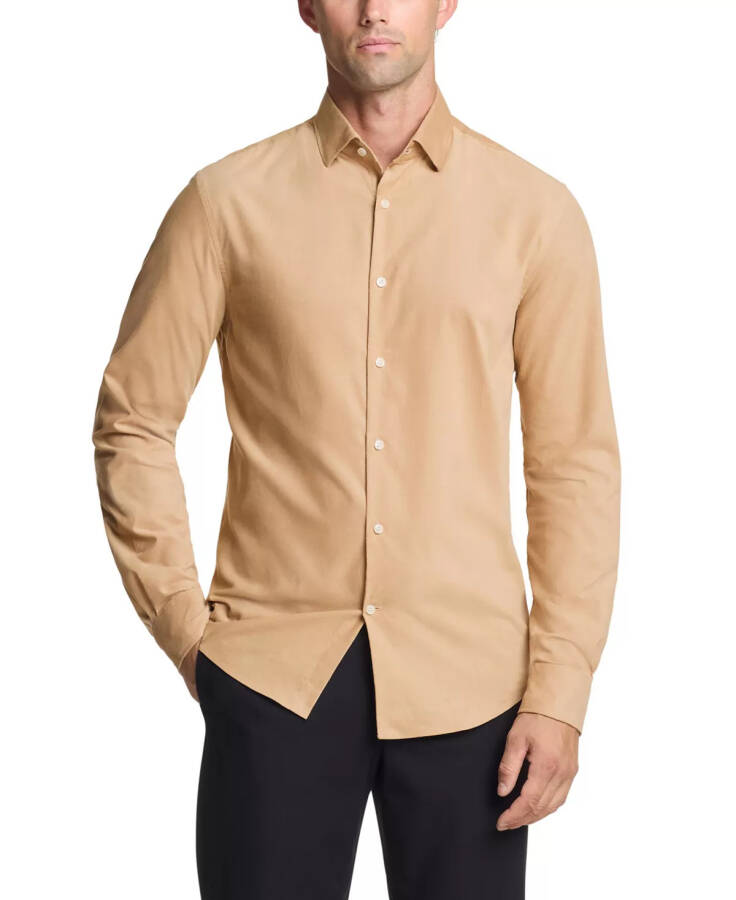 Men Slim Fit Corduroy Dress Shirt Tan - 1