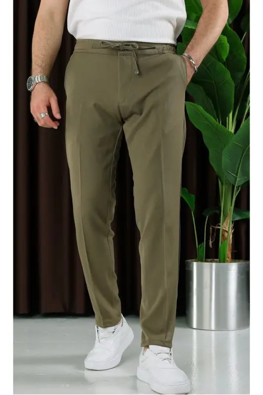MEN SLIM FIT PREMIUM ELASTIC WAISTBAND STRETCH FABRIC JOGGER PANTS-Khaki - 3
