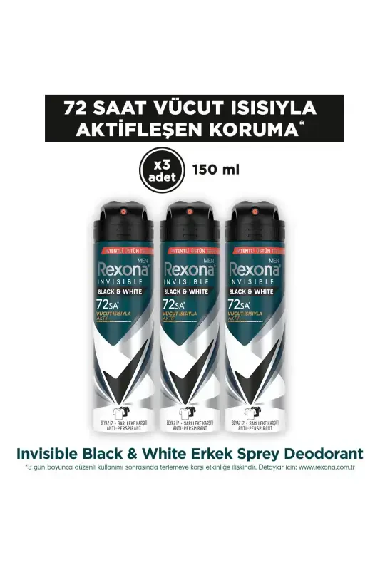 Men Spray Deodorant Invisible Black & White 72 Hours Continuous Superior Protection 150 ml X3 - REXONA