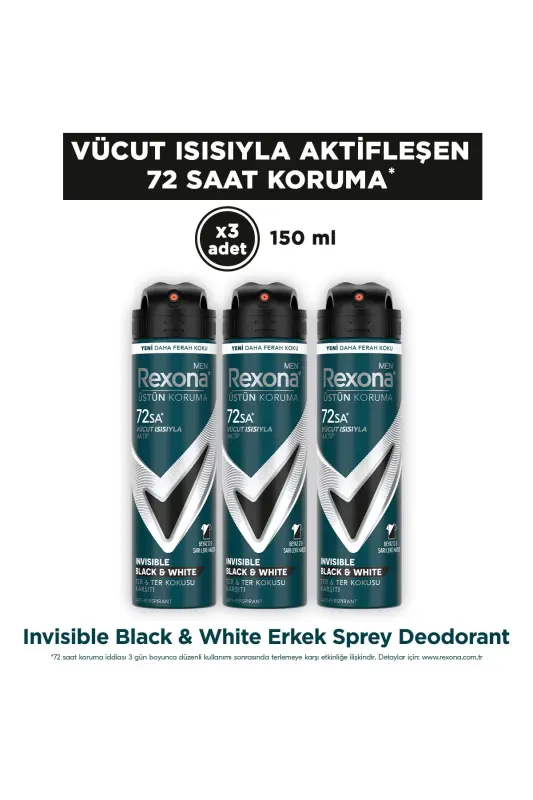Men Spray Deodorant Invisible Black & White 72 Hours Continuous Superior Protection 150 ml X3 - 1