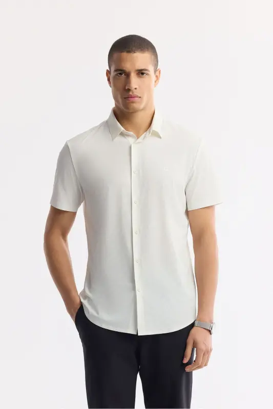 Men White Classic Collar Technical Fabric Knitted Short Sleeve - 1
