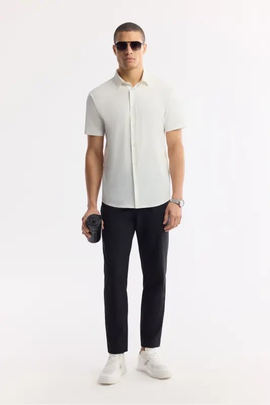 Men White Classic Collar Technical Fabric Knitted Short Sleeve - 6