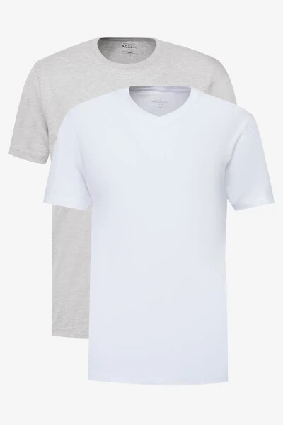 Men WHITE-GRAY MELANGE 2-Pack Slim Fit Narrow Cut Cotton Basic T-Shirt - 1