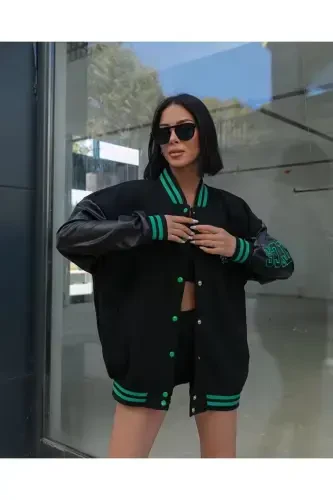 Men Women Oversize Varsity Jacket Sleeves Leather-blackdark - GENEL MARKALAR (1)