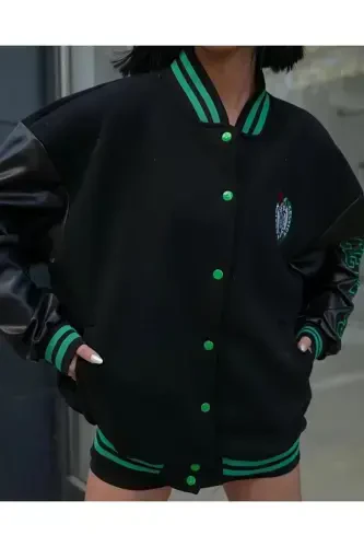 Men Women Oversize Varsity Jacket Sleeves Leather-blackdark - 3