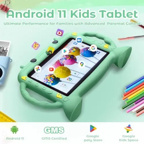 MengDash Детский планшет 7 дюймов Android 11 для малышей, 3 ГБ ОЗУ, 32 ГБ ПЗУ, родительский контроль, две камеры, с чехлом для обучения (мятно-зеленый) - 2