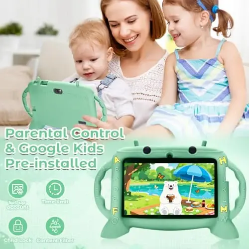 MengDash Kids Tablet 7 inch Android 11 for Toddler, 3GB RAM 32GB ROM Parental Control Dual Camera with Case for Educational (Mint Green) - 3
