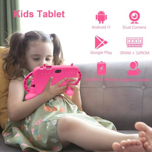 MengDash Kids Tablet, 7 inch Tablet for Kids 2-10, Educational Learning Toddler Tablet Android 11, 3GB RAM+32GB ROM Storage, Google Play YouTube, Baby Girl boy Gift (Red) - 4