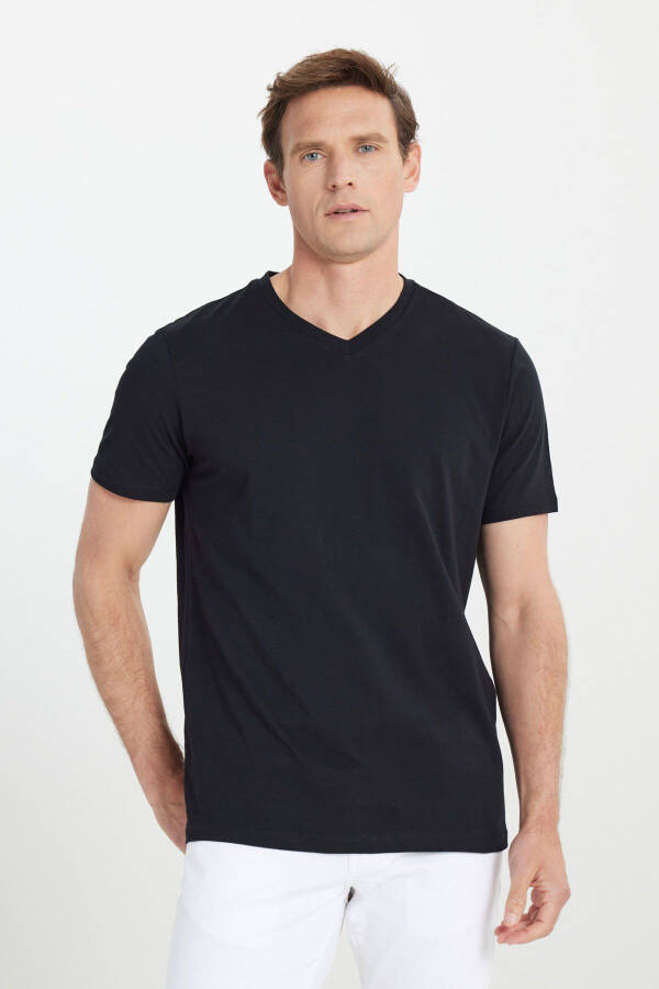 Men's 100% Cotton V-Neck Black Slim Fit Tight Cut T-Shirt - 1